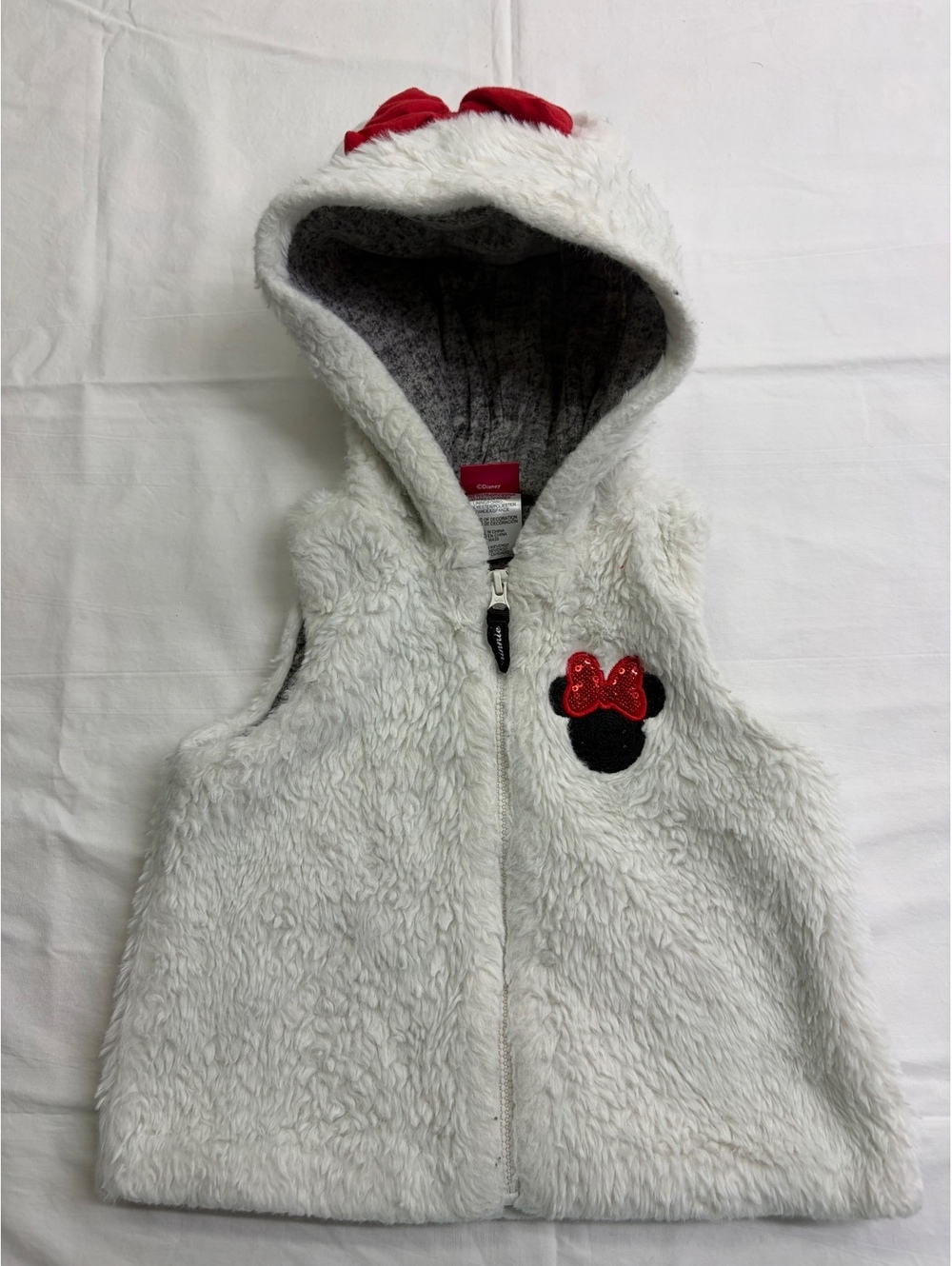 Disney Junior Minnie Mouse Baby Girls 12M Faux Fur Hooded Vest Ears Bow Sequin